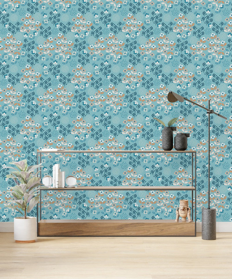 Blue Floral Wallpaper with Berries