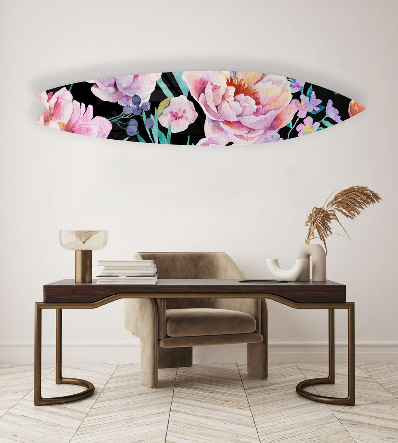 Pink Peony Flowers and Berries Acrylic Surfboard Wall Art