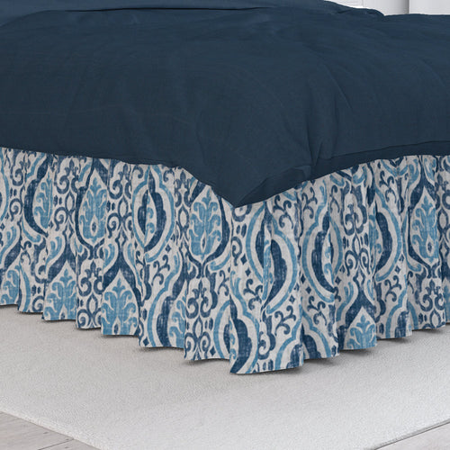 Gathered Bedskirt in Alahambra Sapphire Blue Damask Medallion