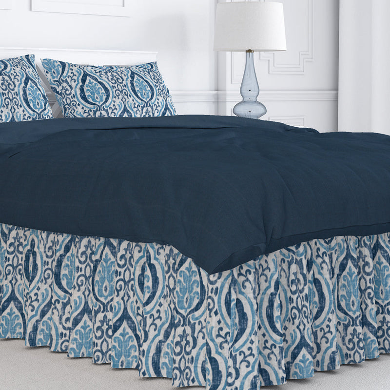 Gathered Bedskirt in Alahambra Sapphire Blue Damask Medallion