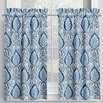 Tailored Tier Cafe Curtain Panels Pair in Alahambra Sapphire Blue Damask Medallion