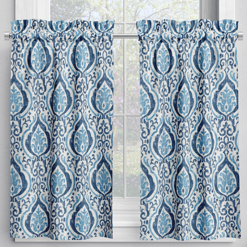 Tailored Tier Cafe Curtain Panels Pair in Alahambra Sapphire Blue Damask Medallion