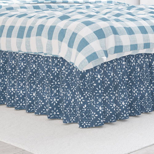 Gathered Bedskirt in Avila Prussian Blue Farmhouse Floral Lattice