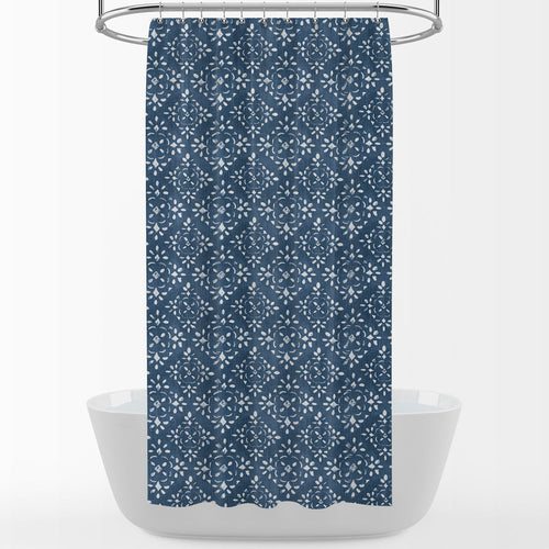 Shower Curtain in Avila Prussian Blue Farmhouse Floral Lattice