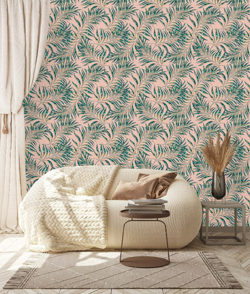 Beige Wallpaper with Palm Leaves