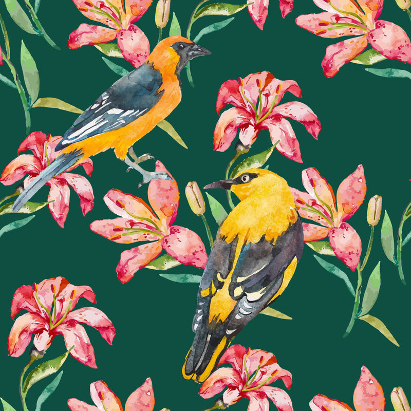 Birds on Lilies Wallpaper