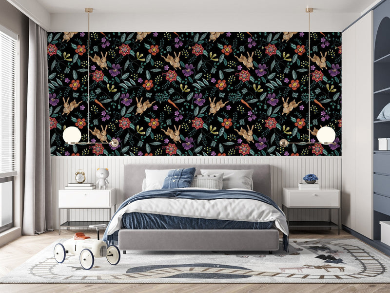 Contemporary Hares and Flowers Wallpaper