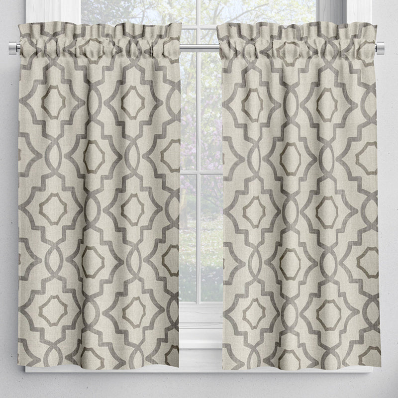 Tailored Tier Curtains in Talbot Metal Gray Lattice Medallion