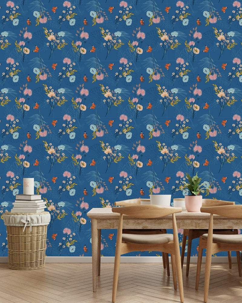 Contemporary Blue Floral Wallpaper with Butterflies Chic