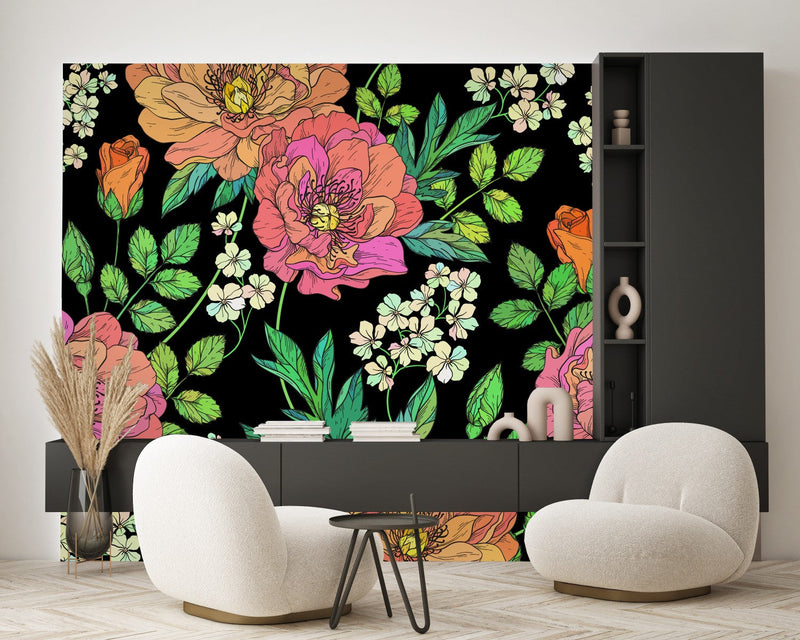 Black Wallpaper with Brightly Flowers