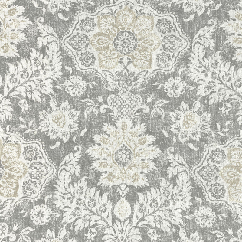 Gathered Bedskirt in Belmont Mist Pale Gray Floral Damask