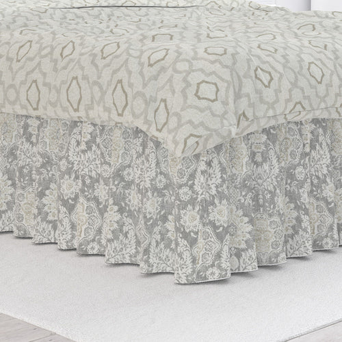 Gathered Bedskirt in Belmont Mist Pale Gray Floral Damask