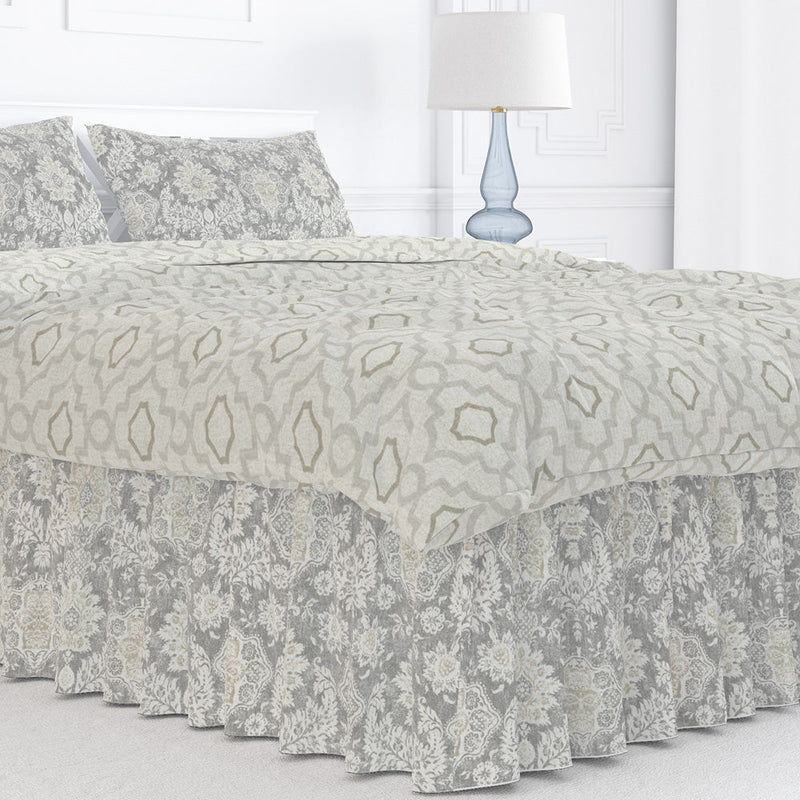 Gathered Bedskirt in Belmont Mist Pale Gray Floral Damask