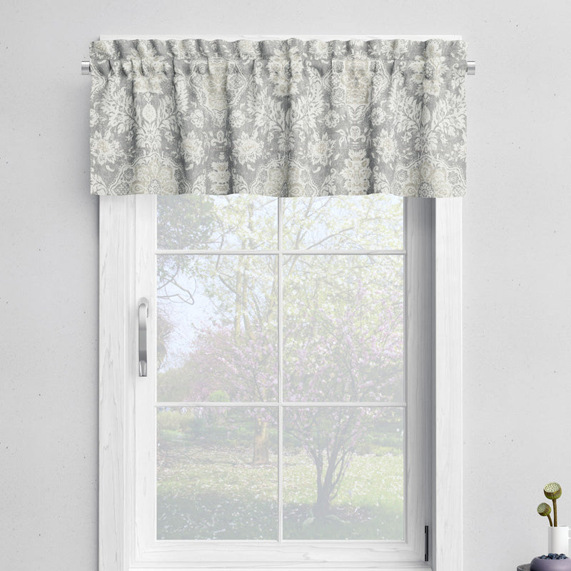 Tailored Valance in Belmont Mist Pale Gray Floral Damask