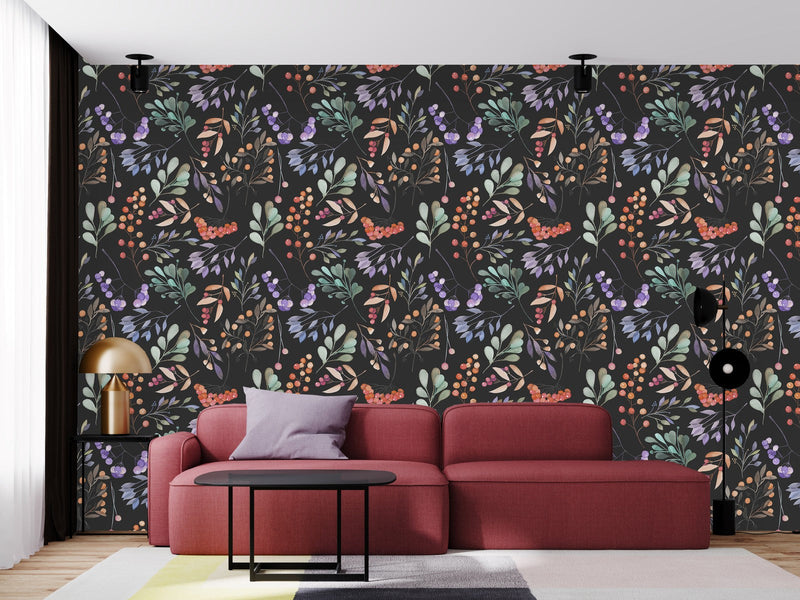 Dark Wallpaper with Berries and Leaves