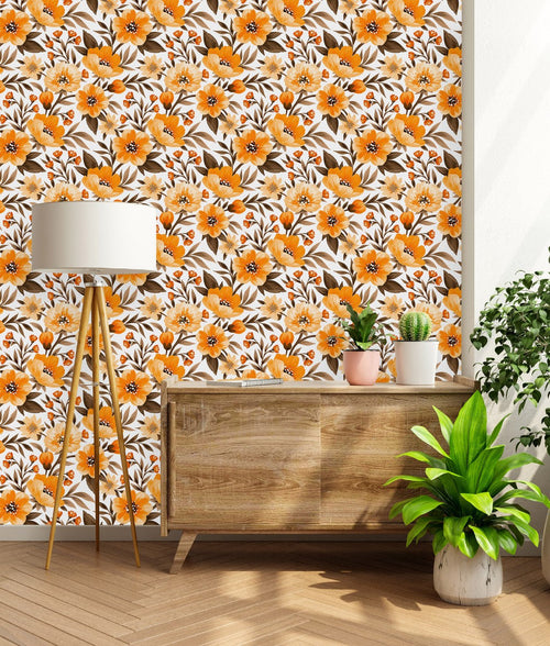 Orange Flowers with Brown Leaves Wallpaper