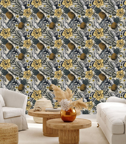 Voguish Pineapple and Flowers Wallpaper Tasteful