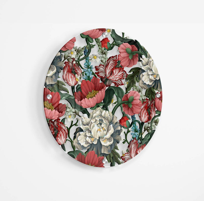 Red Flowers Printed Transparent Acrylic Circle