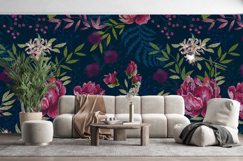 Pink Peonies Embroidery Style Wallpaper