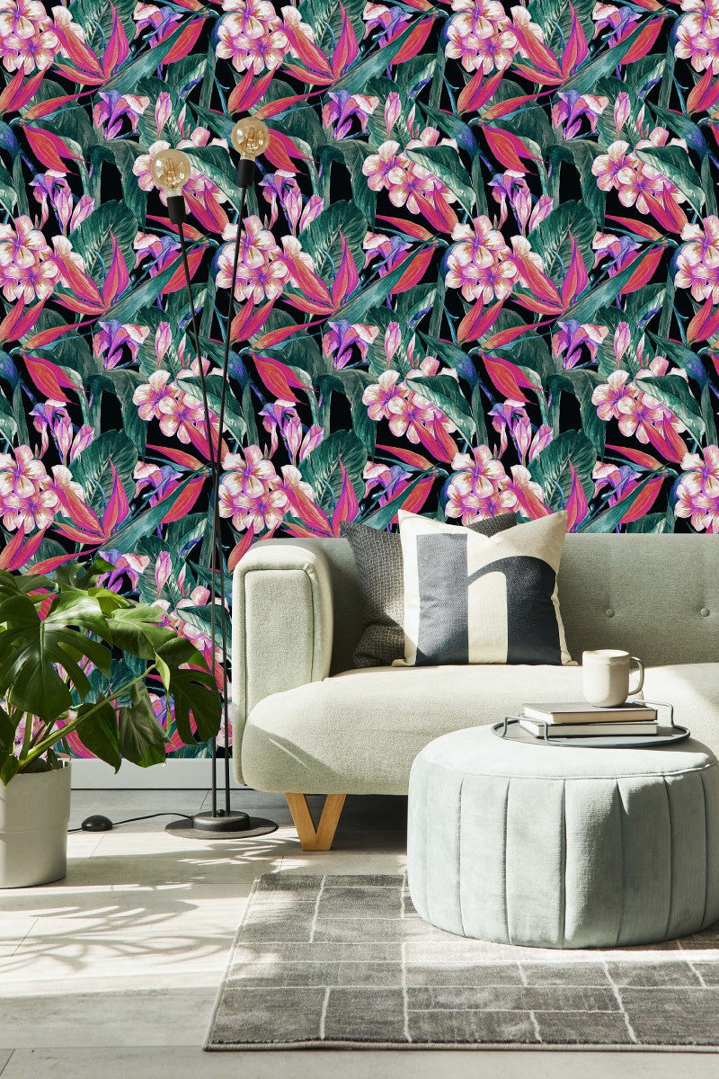 Contemporary Exotic Pink Flowers Wallpaper Fashionable