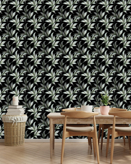 Fashionable Dark Wallpaper with Green Leaves Tasteful