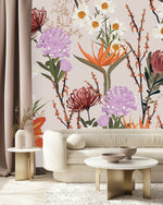 Pink Wallpaper with Exotic Flowers