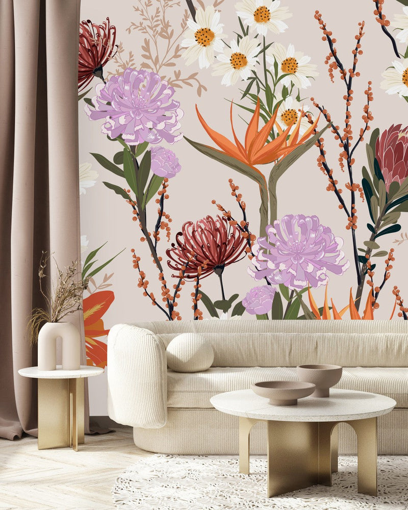 Pink Wallpaper with Exotic Flowers