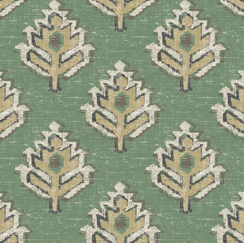 Gathered Bedskirt in Carter Meadow Green Block Print Botanical Design- Small Scale