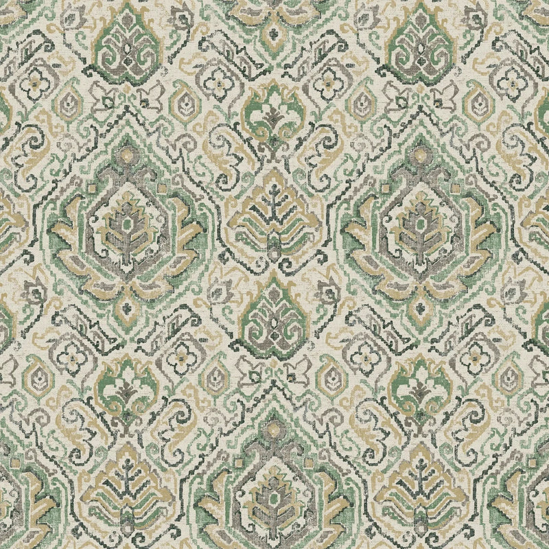 Rod Pocket Curtain Panels Pair in Cathell Meadow Green Medallion Weathered Persian Rug Design- Large Scale