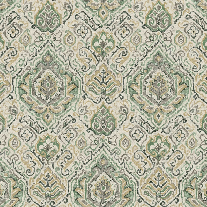 Gathered Bedskirt in Cathell Meadow Green Medallion Weathered Persian Rug Design- Large Scale
