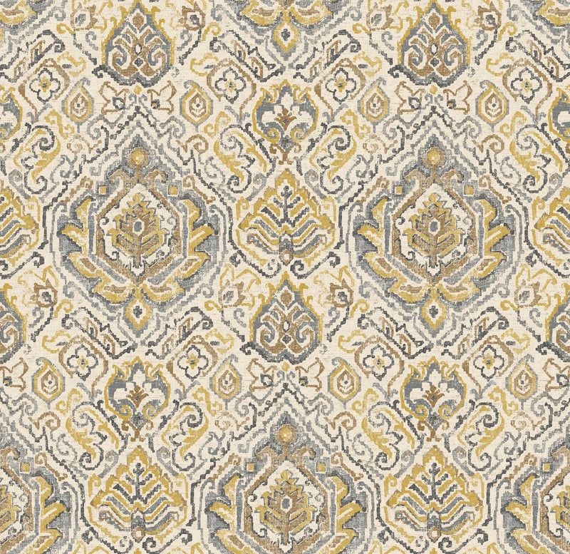 Gathered Bedskirt in Cathell Saffron Yellow Medallion Weathered Persian Rug Design- Large Scale
