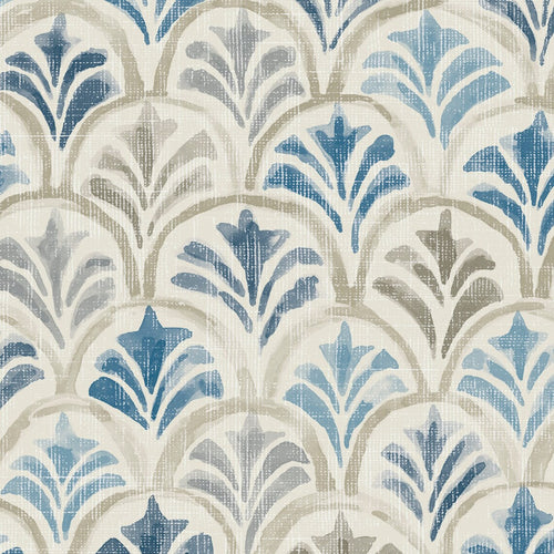 Tailored Tier Cafe Curtain Panels Pair in Countess Delft Blue Scallop Watercolor