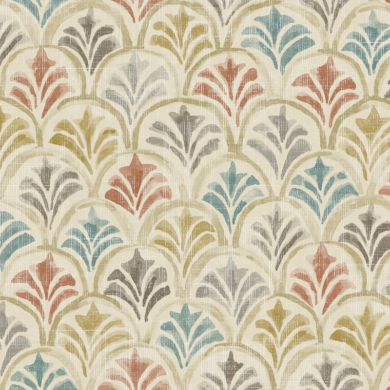 Shower Curtain in Countess Tuscan Scallop Watercolor- Blue, Terracotta, Gray, Tan