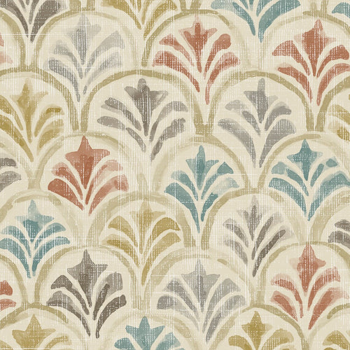 Rod Pocket Curtain Panels Pair in Countess Tuscan Scallop Watercolor- Blue, Terracotta, Gray, Tan