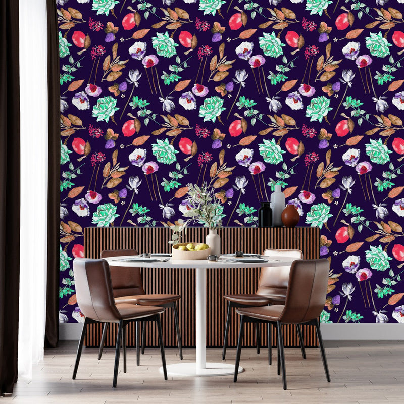 Flowers and Leaves Pattern Wallpaper