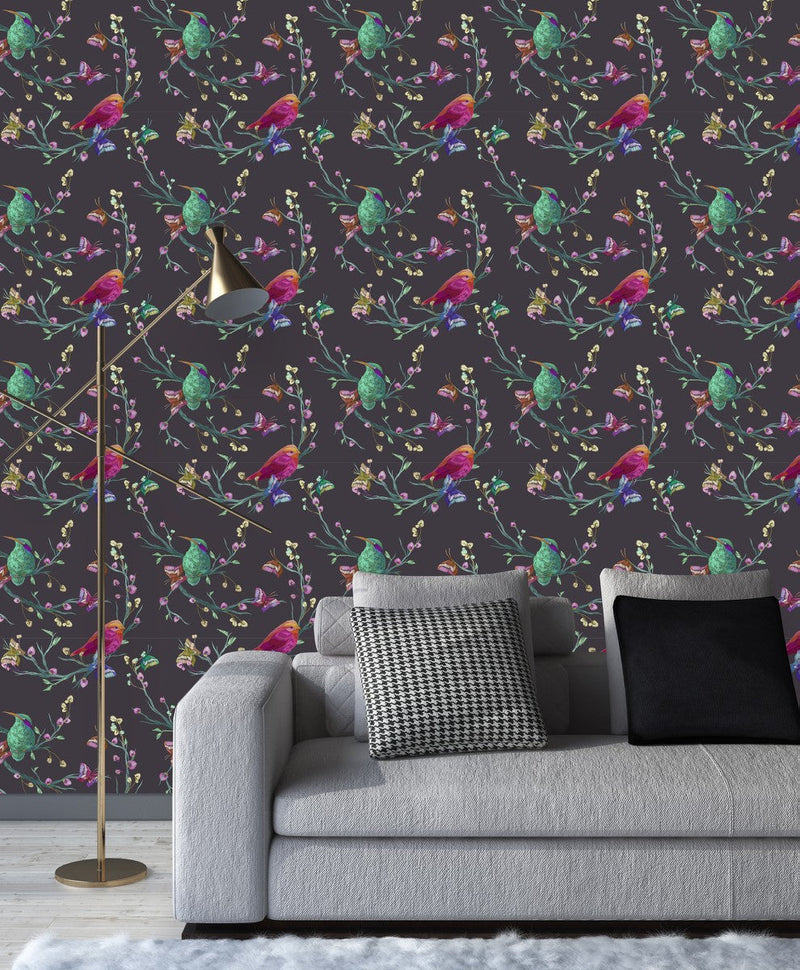 Birds and Butterflies on Dark Wallpaper