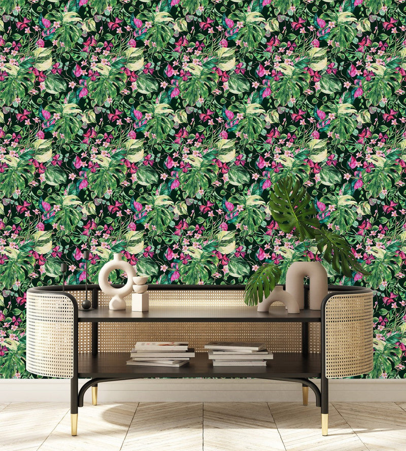 Elegant Green and Pink Leaves Wallpaper Vogue