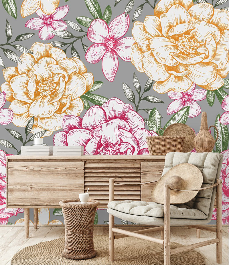 Peonies on Grey Background Wallpaper