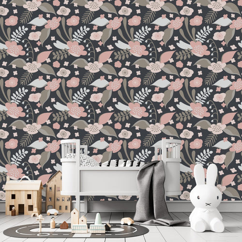 Grey and Pink Colors of Floral Wallpaper