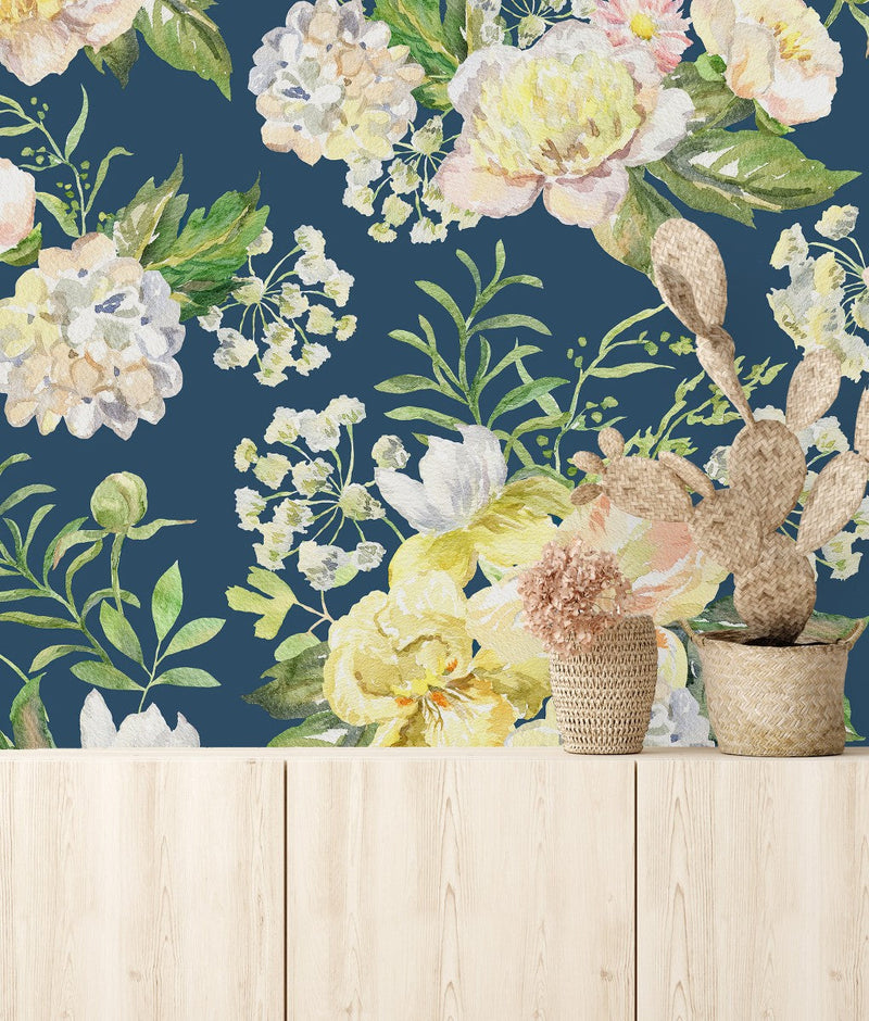 Contemporary Modern Dark Wallpaper with Light Flowers