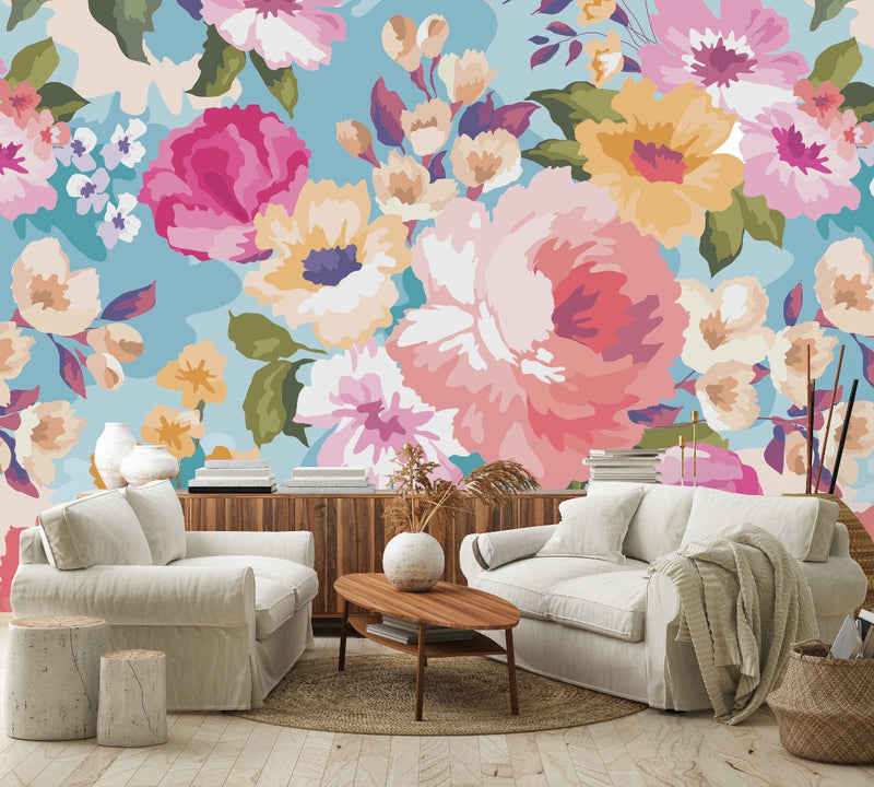 Blue Wallpaper with Flowers Pattern