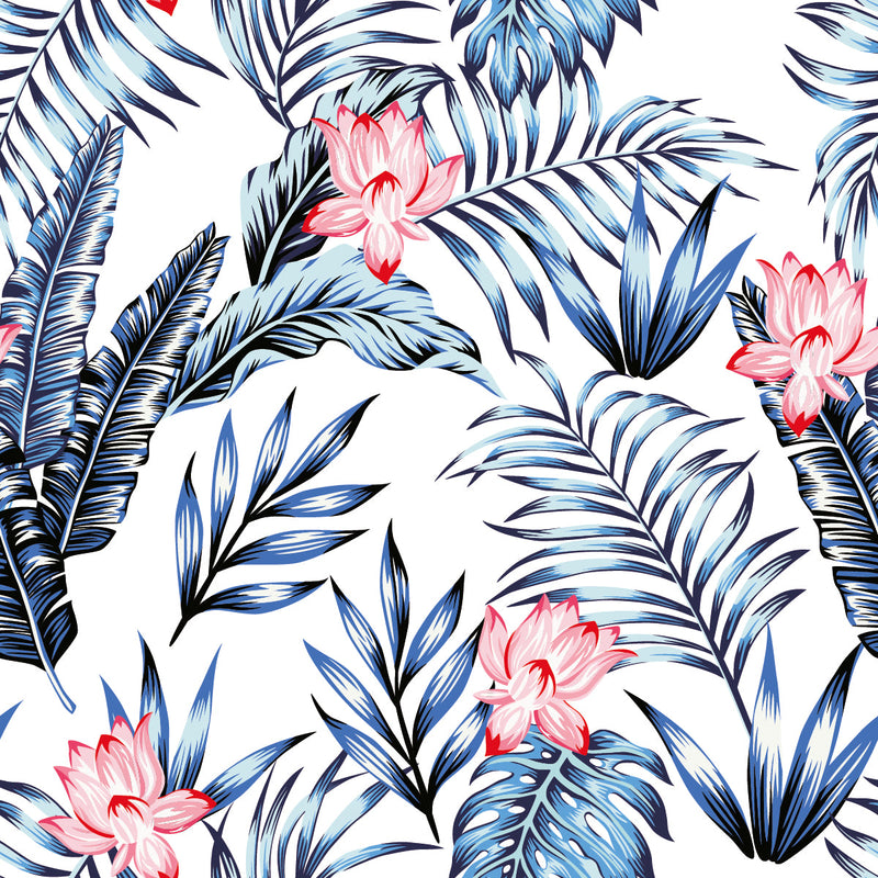 Blue Leaves and Pink Flowers Wallpaper