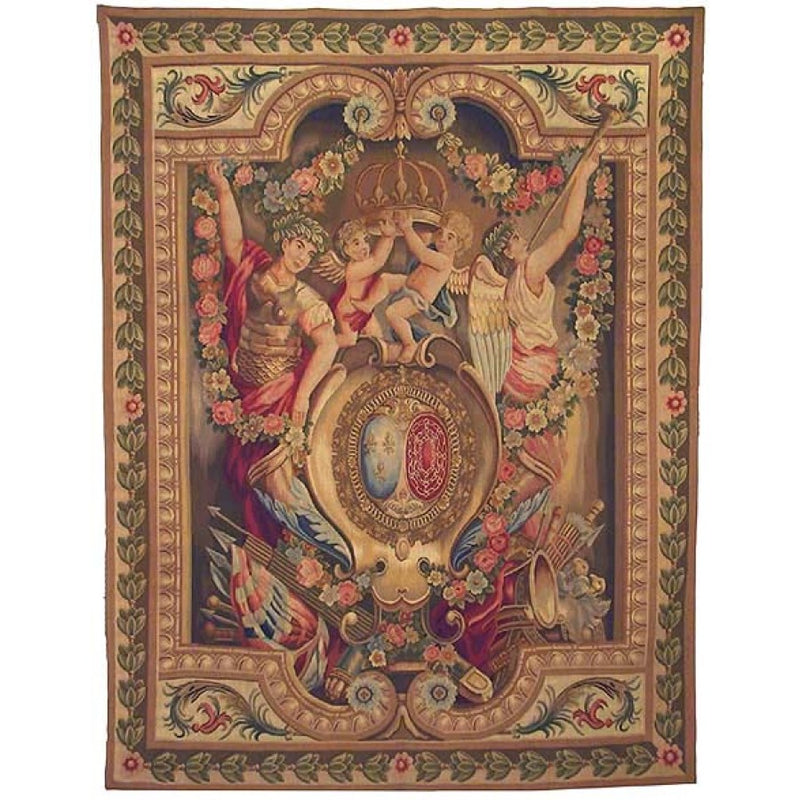 65" x 85" Hand woven aubusson tapestry with backing and rod pocket.