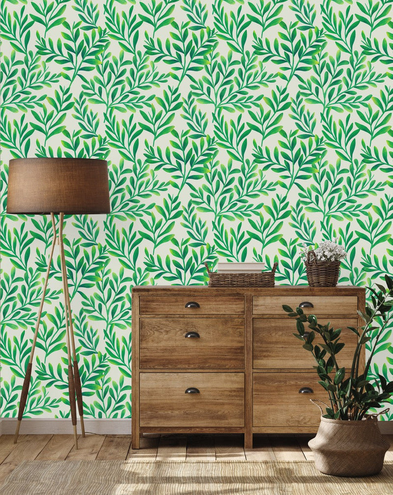 Contemporary Green Leaves Wallpaper Tasteful High-Quality