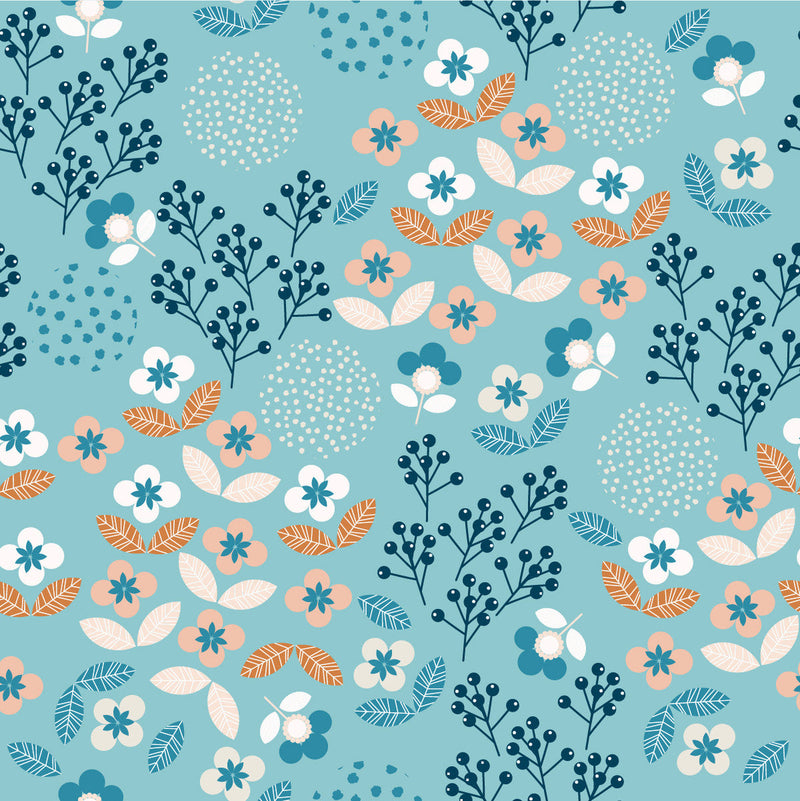 Blue Floral Wallpaper with Berries