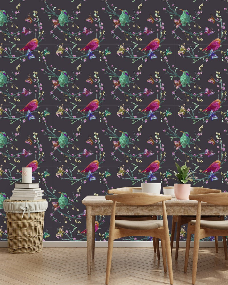 Birds and Butterflies on Dark Wallpaper