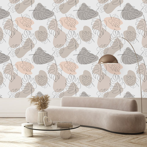 Beige Wallpaper with Monstera Leaves