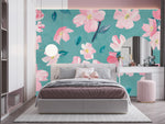 Blue Wallpaper with Pink Flowers