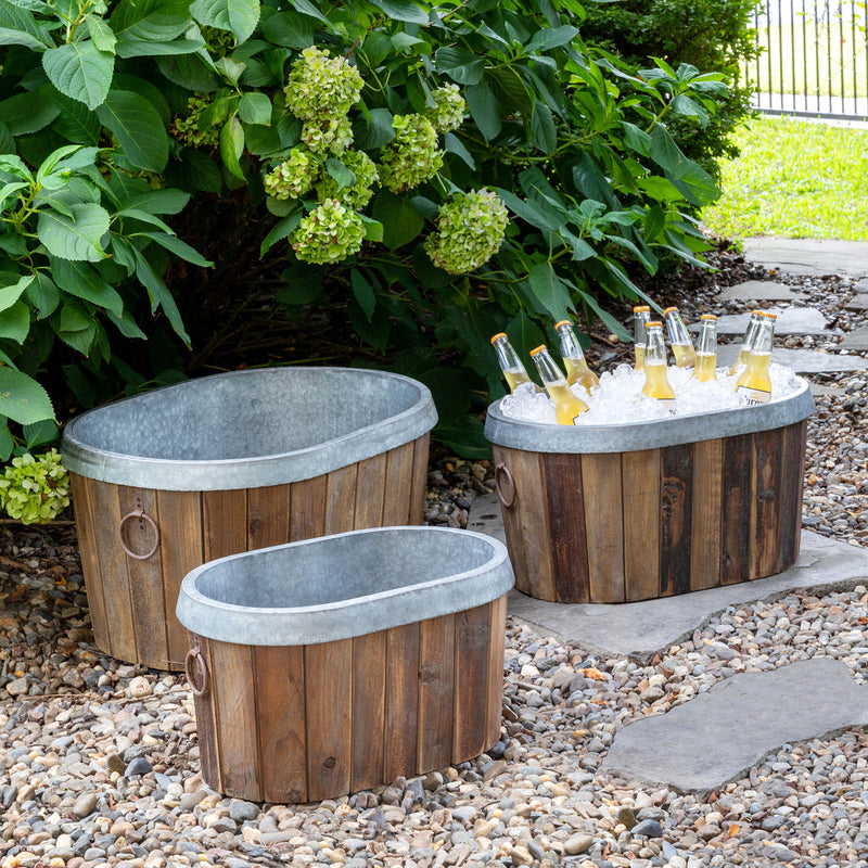 Lovecup Galvanized Wooden Oval Cooler or Planter Tubs, Set of 3 L098