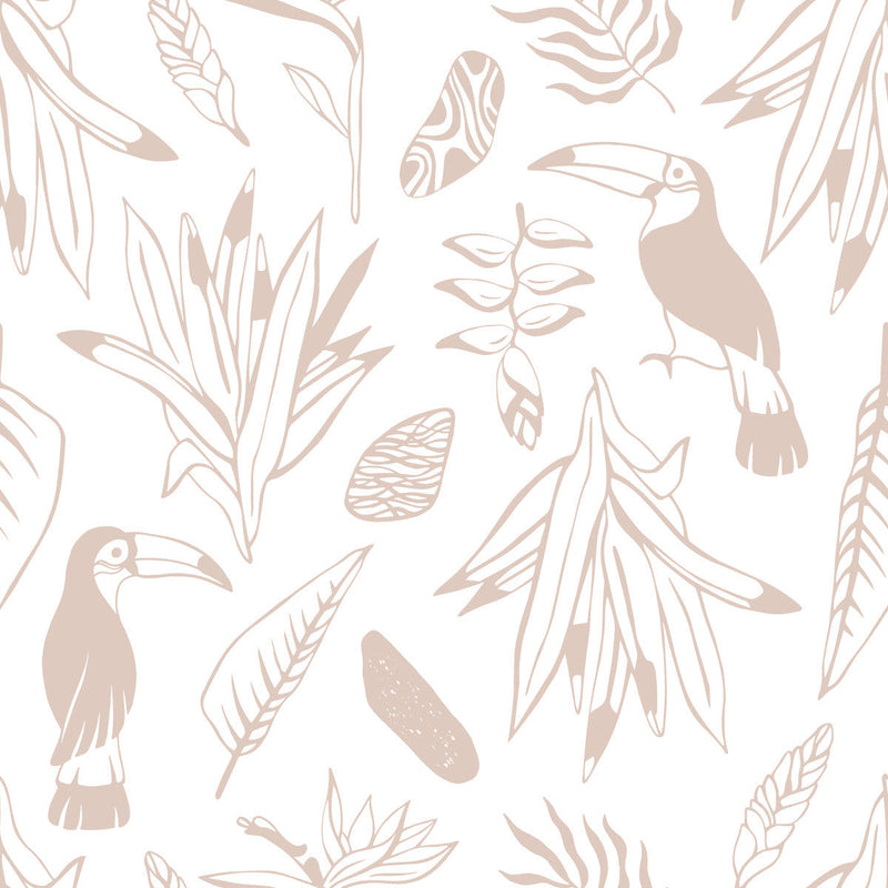 Beige Toucan and Plants Pattern Wallpaper